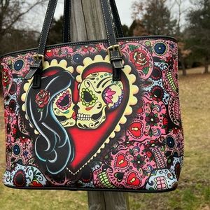 Oversized canvas tote sugar skull print